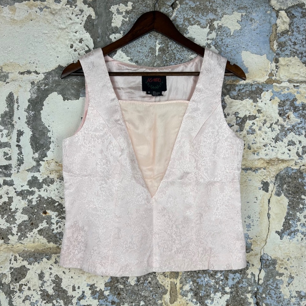 Vintage Y2K Ashro Brocade Shell Top Pink Sleeveless Metallic V-Neck Womens 8